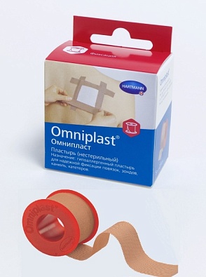 Omniplast® / Омнипласт - пластырь фиксирующий из текстильной ткани, с еврохолдером: 2,5 см х 5 м.